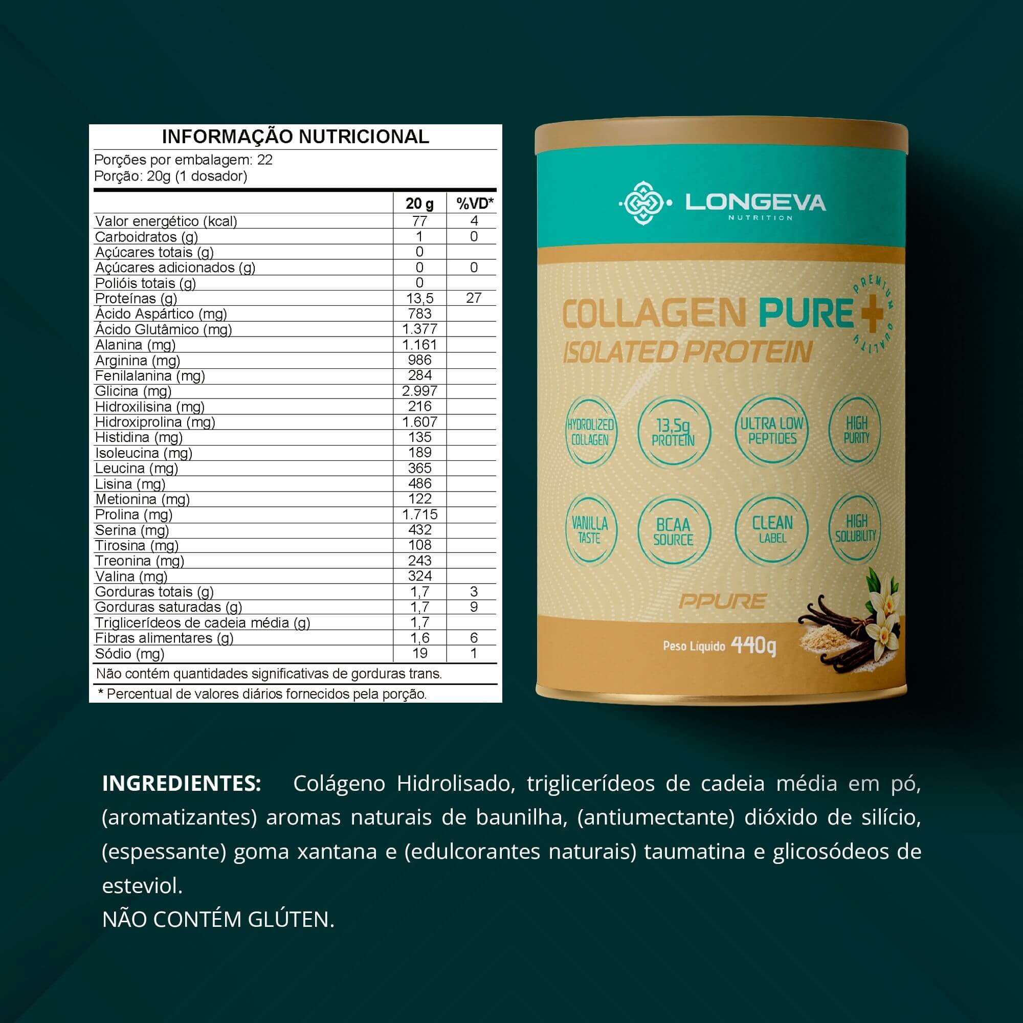 Collagen Pure em Peptídeos Sabor Baunilha (440 Gramas) - Proteína de Colágeno