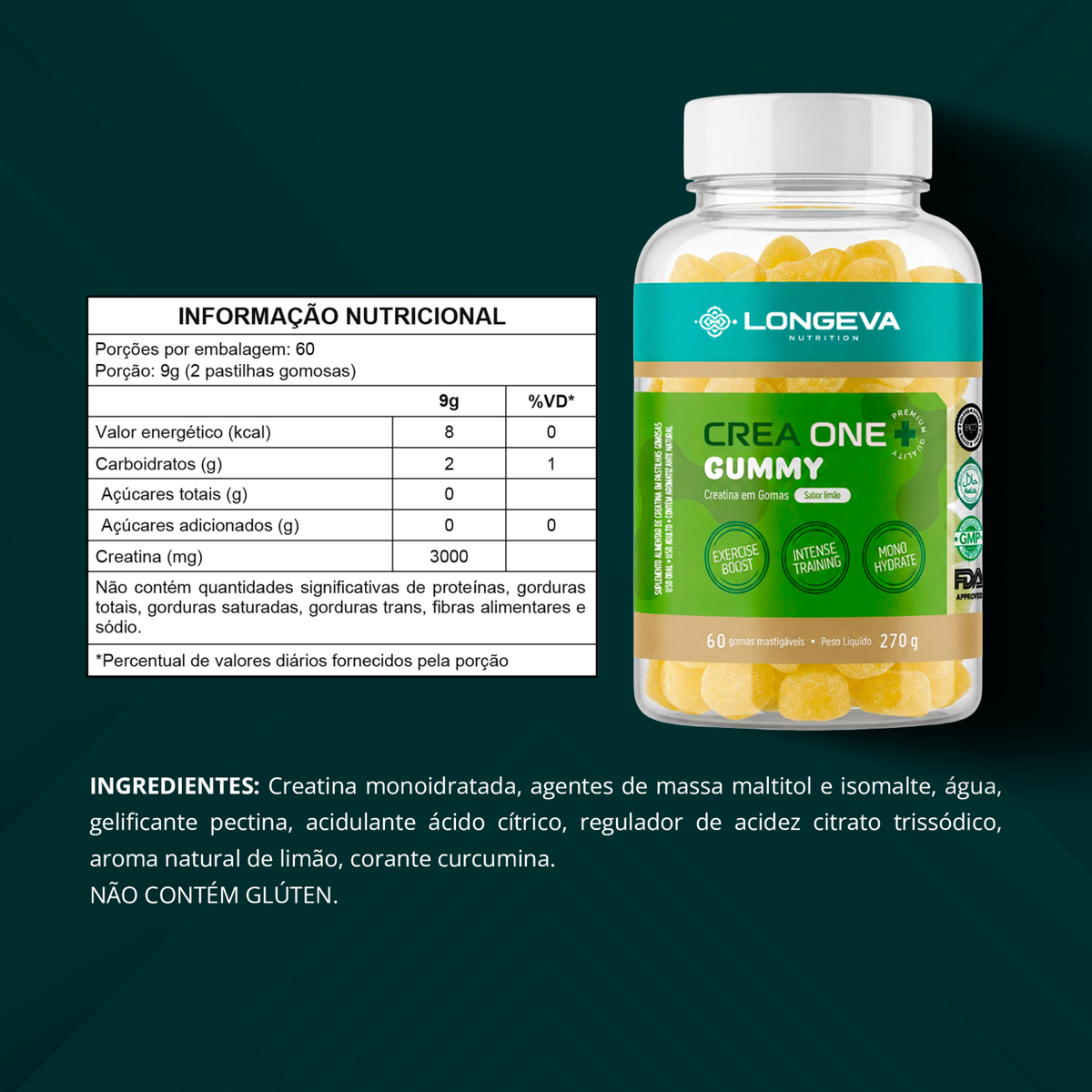 Creatina Gummy Longeva Sabor Limão (60 Gomas)