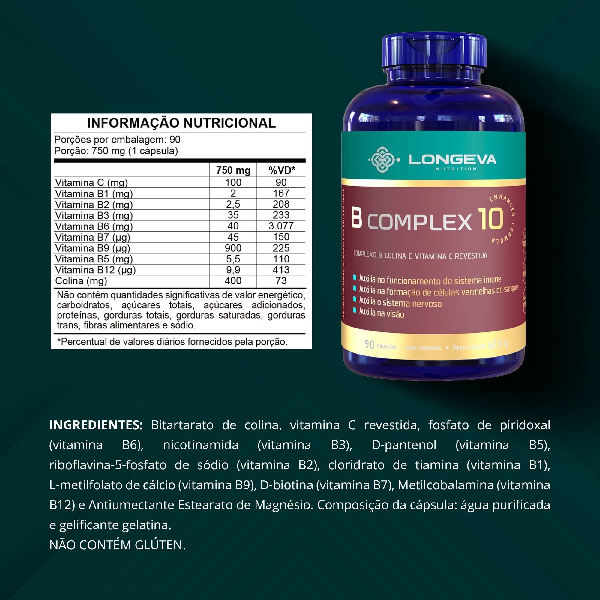 Complexo B com Colina e Vitamina C (90 Cápsulas)