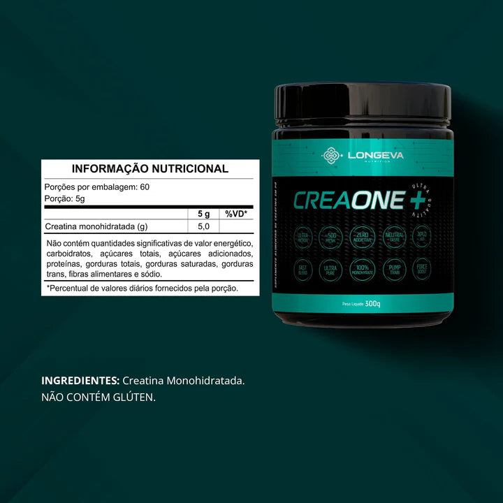 LONGEVA | Creatina Monohidratada e Micronizada CreaOne+ (300 Gramas)