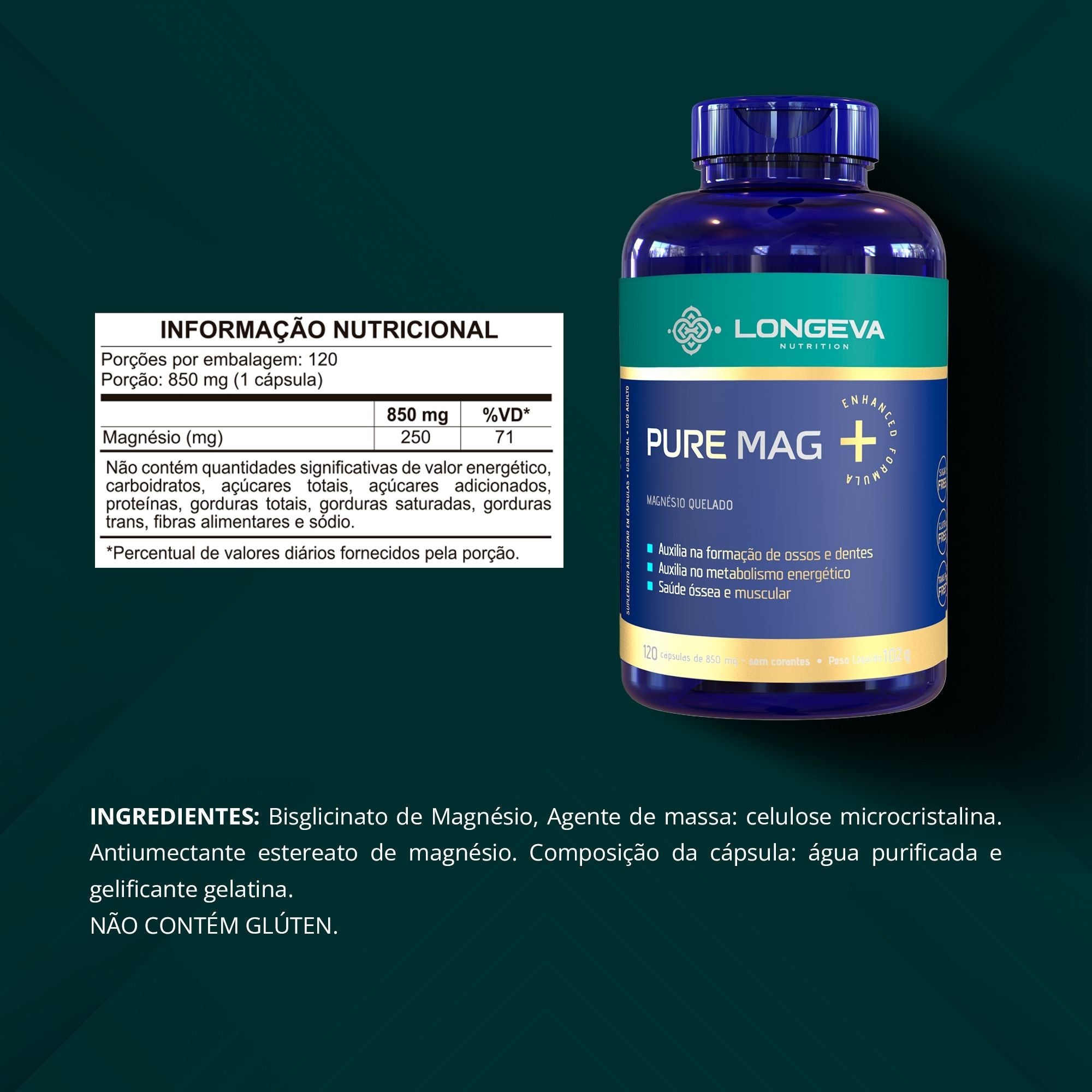 LONGEVA | Pure Mag - Magnésio Quelado para Sono e Intestino (120 Cápsulas)