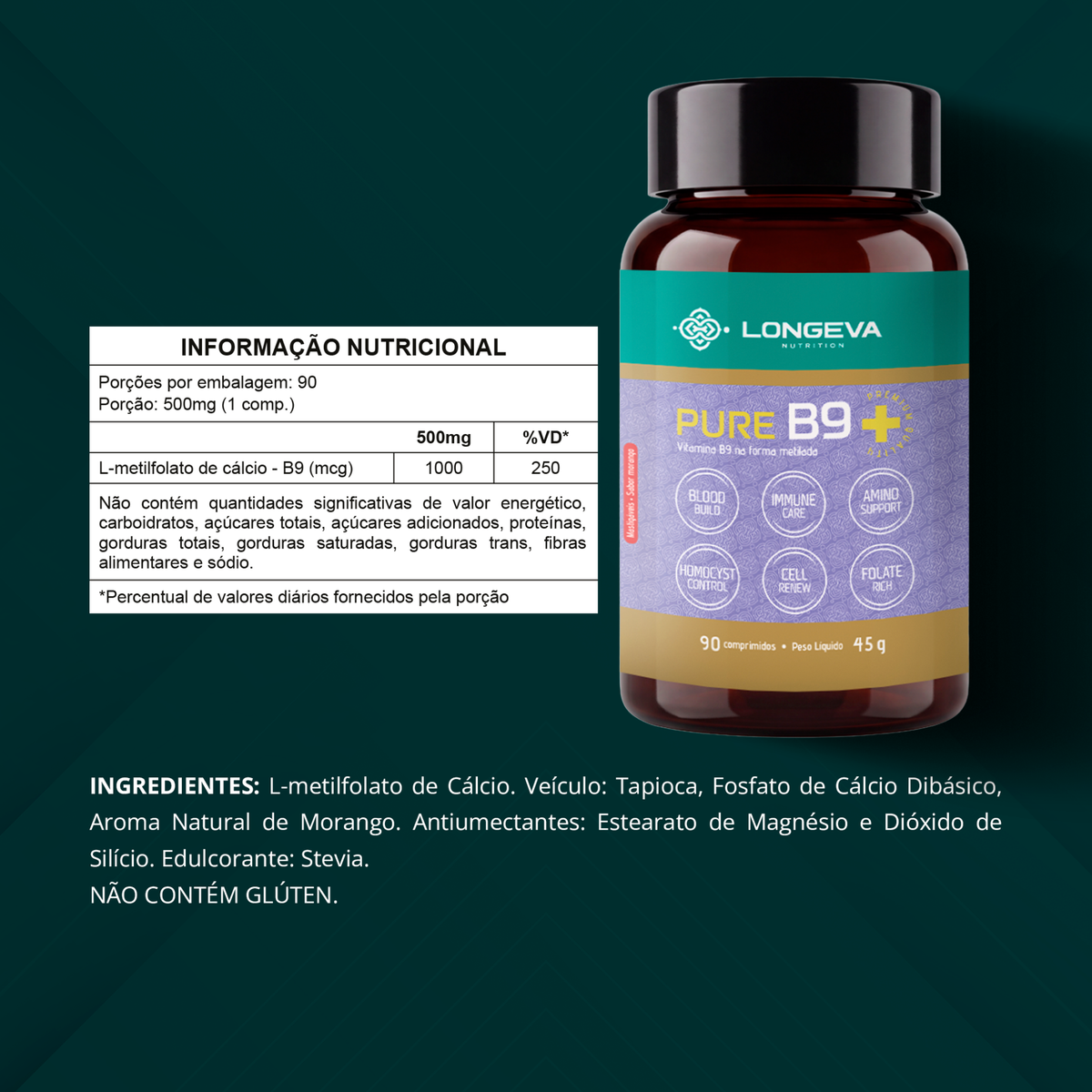 Pure B9 - Ácido Fólico Metilado Longeva (90 Comprimidos Mastigáveis)